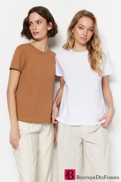 Camel-White 100% Cotton 2-Pack T-Shirt - Boutique Des Femmes