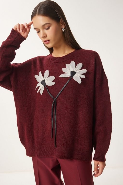 Claret Red Flower Knitwear Sweater