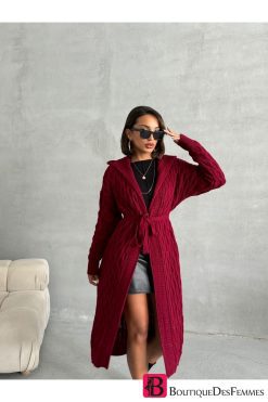 Claret Red Patterned Long Knitwear Cardigan - Boutique Des Femmes