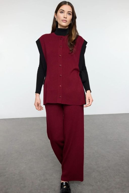 Claret Red Vest Pants Knitwear Set