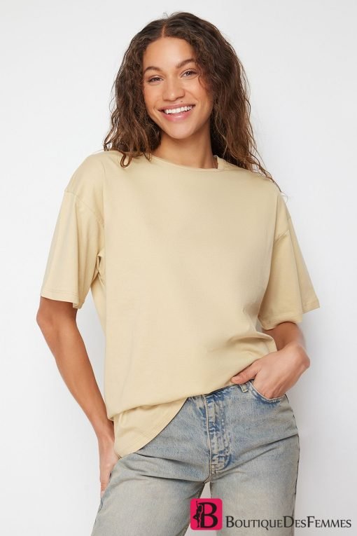 Dark Beige 100% Cotton Boyfriend T-Shirt - Boutique Des Femmes