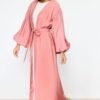 Dusty Rose Belted Long Woven Abaya