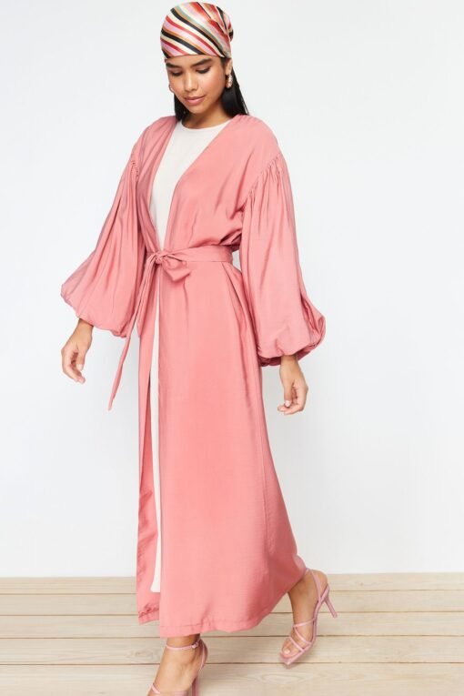 Dusty Rose Belted Long Woven Abaya