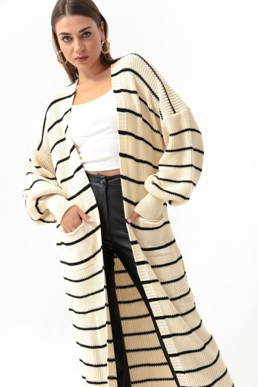 Ecru Balloon Sleeve Long Cardigan