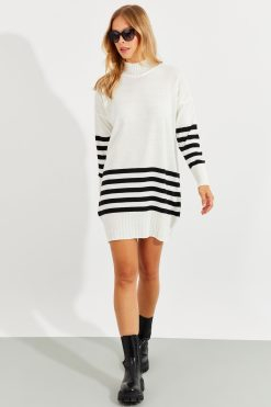 Ecru Knit Striped Tunic Sweater