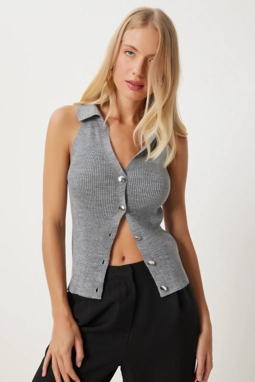 Gray Polo Neck Knit Vest