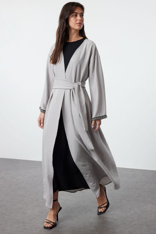 Gray Stone Strip Woven Abaya