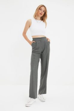 Gray Straight Woven Trousers