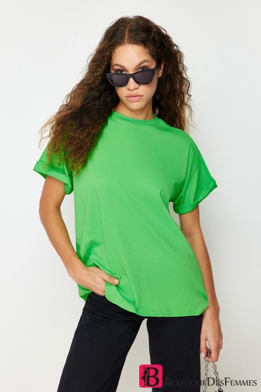 Green 100% Cotton Boyfriend T-Shirt - Boutique Des Femmes