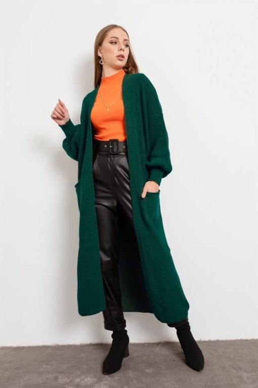 Green Balloon Sleeve Long Cardigan