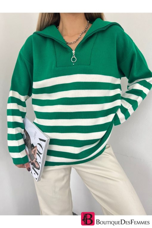 Green Striped Zippered Oversize Sweater - Boutique Des Femmes