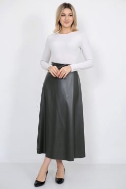 Khaki Faux Leather Long Flared Skirt