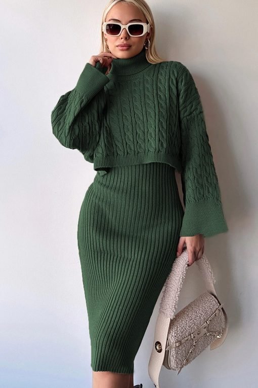 Khaki Knitted Crop Turtleneck Set