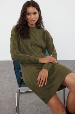 Khaki Mini Knitwear Crew Dress