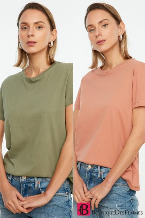 Khaki-Salmon 100% Cotton 2-Pack T-Shirt - Boutique Des Femmes