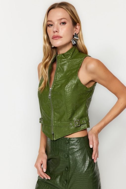 Khaki Zippered Crop Vest