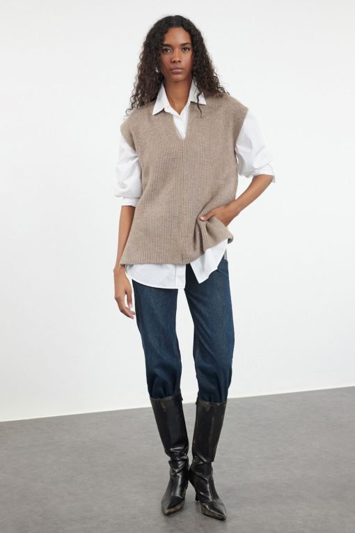 Mink V Neck Side Slit Sweater