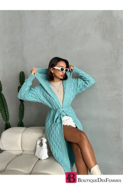 Mint Green Patterned Long Knitwear Cardigan - Boutique Des Femmes