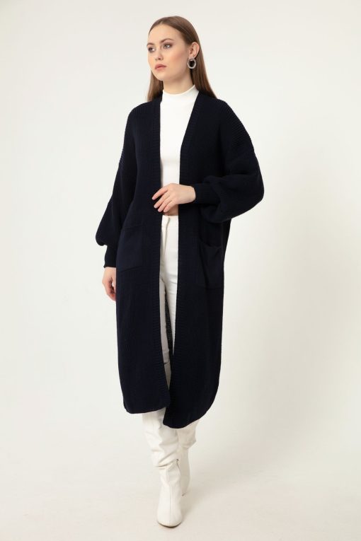 Navy Blue Balloon Sleeve Long Cardigan