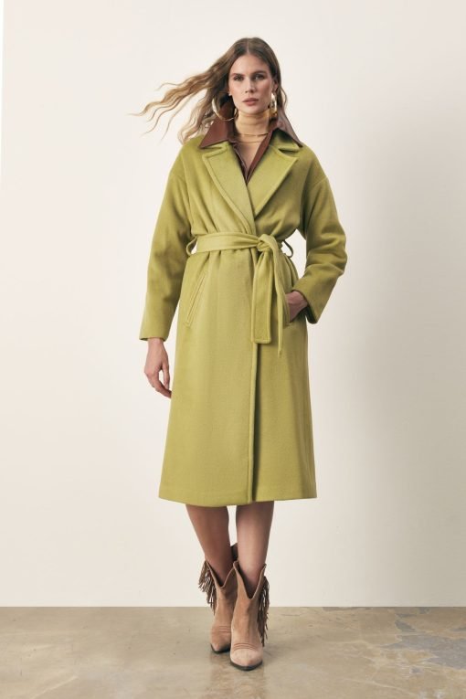 Oil Green Belted Casual Coat