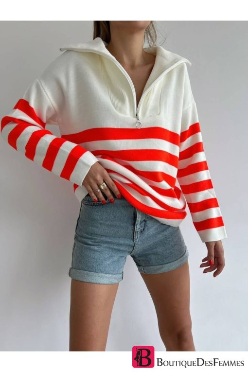 Orange Striped Zippered Oversize Sweater - Boutique Des Femmes