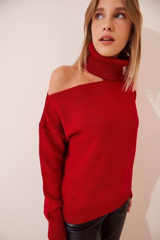 Red Cut Out Turtleneck Sweater