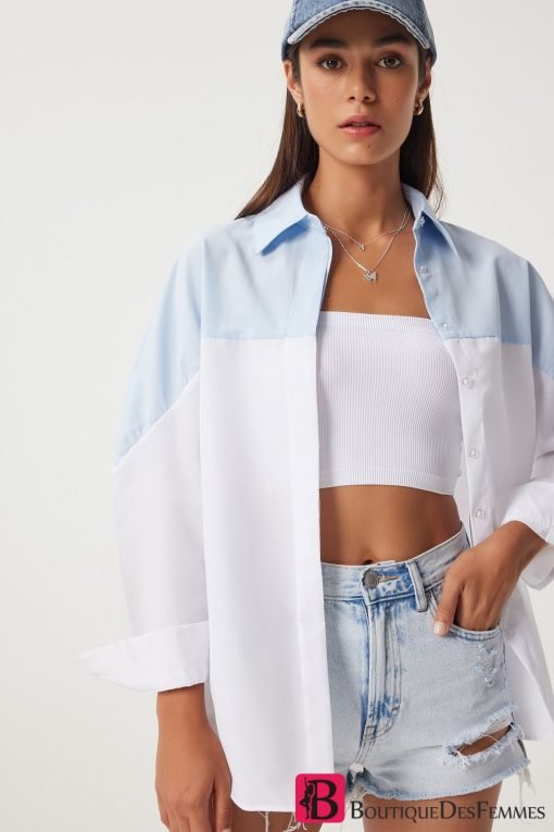 Sky Blue White Block Boyfriend Shirt - Boutique Des Femmes